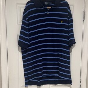 Polo by Ralph Lauren Navy and Light Blue Striped Polo with Yellow Logo